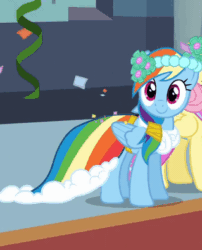 Size: 319x395 | Tagged: safe, imported from derpibooru, screencap, fluttershy, rainbow dash, pegasus, pony, a canterlot wedding, animated, blinking, clothes, cute, dashabetes, dress, female, folded wings, gif, mare, rainbow dash always dresses in style, smiling, wings