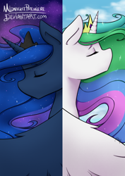 Size: 900x1273 | Tagged: safe, artist:midnightpremiere, imported from derpibooru, princess celestia, princess luna, alicorn, pony, bust, duo, eyes closed, female, horn, jewelry, mare, portrait, profile, regalia, royal sisters, sisters, split screen, tiara