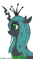 Size: 640x1136 | Tagged: safe, artist:briarspark, imported from derpibooru, queen chrysalis, changeling, changeling queen, female, profile, simple background, smiling, solo