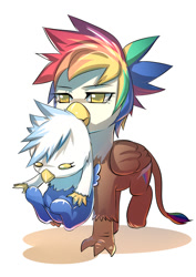 Size: 990x1400 | Tagged: safe, artist:bakki, imported from derpibooru, oc, oc only, oc:gren, oc:rainbow feather, classical hippogriff, griffon, hippogriff, baby, brother and sister, carrying, cute, female, interspecies offspring, magical lesbian spawn, male, next generation, offspring, parent:gilda, parent:rainbow dash, parents:gildash, siblings