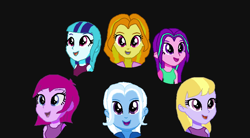 Size: 852x472 | Tagged: safe, artist:3d4d, imported from derpibooru, adagio dazzle, aria blaze, fuchsia blush, lavender lace, sonata dusk, trixie, equestria girls, friendship through the ages, rainbow rocks, background human, base used, black background, bohemian rhapsody, female, queen (band), simple background, the dazzlings, trixie and the illusions