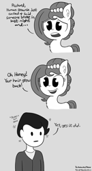 Size: 756x1400 | Tagged: safe, artist:midnight-wizard, imported from derpibooru, oc, oc only, oc:brownie bun, oc:richard, earth pony, human, pony, blatant lies, chest fluff, comic, descriptive noise, dialogue, ear fluff, female, gray background, grayscale, hubbo, human male, lies, male, mare, meme, monochrome, richard with hair, simple background, stealing, wig