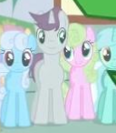 Size: 128x146 | Tagged: safe, imported from derpibooru, screencap, daisy, dizzy twister, flower wishes, linky, lyra heartstrings, orange swirl, shoeshine, written script, earth pony, pony, unicorn, one bad apple, looking at each other, picture for breezies, ponies standing next to each other