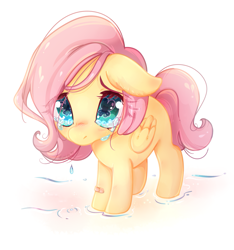 Size: 1125x1200 | Tagged: dead source, safe, artist:jumblehorse, deleted from derpibooru, imported from derpibooru, fluttershy, pegasus, pony, bandaid, blank flank, crying, cute, filly, filly fluttershy, floppy ears, foal, folded wings, looking at you, looking up, puddle, sad, shyabetes, simple background, solo, stray strand, teary eyes, weapons-grade cute, wingding eyes, younger