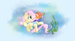 Size: 1440x790 | Tagged: safe, artist:vago-xd, imported from derpibooru, fluttershy, fish, pegasus, pony, bikini, clothes, female, looking at each other, profile, solo, swimming, swimsuit, underwater, watershy