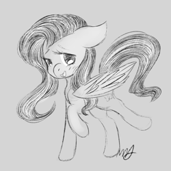 Size: 1000x1000 | Tagged: safe, artist:cinnamonsparx, imported from derpibooru, fluttershy, female, grayscale, looking at you, monochrome, open mouth, raised hoof, simple background, solo