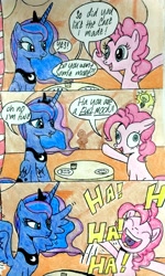 Size: 1718x2863 | Tagged: safe, artist:darkest-lunar-flower, imported from derpibooru, pinkie pie, princess luna, cake, comic, derp, food, luna is not amused, pun, this will end in tears and/or a journey to the moon, traditional art