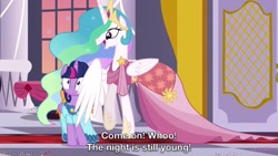 Size: 1280x720 | Tagged: safe, imported from derpibooru, screencap, princess celestia, twilight sparkle, alicorn, pony, make new friends but keep discord, caption, dialogue, female, mare, out of context, twilight sparkle (alicorn), wing shove, wingpush, wings