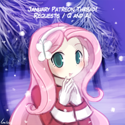 Size: 750x750 | Tagged: safe, artist:lumineko, imported from derpibooru, fluttershy, human, blushing, clothes, cold, earmuffs, female, gloves, humanized, looking at you, open mouth, patreon, snow, snowfall, solo, winter