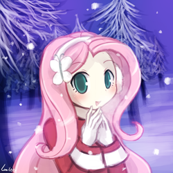 Size: 750x750 | Tagged: safe, artist:lumineko, imported from derpibooru, fluttershy, human, blushing, breath, clothes, cold, cute, earmuffs, female, gloves, humanized, looking at you, lumineko is trying to murder us, open mouth, patreon, shyabetes, snow, snowfall, solo, textless, winter