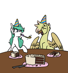 Size: 579x618 | Tagged: safe, artist:redxbacon, imported from derpibooru, oc, oc only, oc:beryl, oc:beryl (smhac), oc:golden plume, griffon, pony, birthday, cake, food, hat, knife, party hat, party horn, table