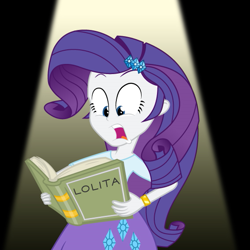 Size: 567x567 | Tagged: artist needed, safe, imported from derpibooru, rarity, equestria girls, book, female, lolita (novel), scared, solo, spotlight, this will not end well