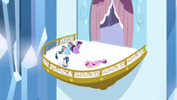 Size: 1280x720 | Tagged: safe, imported from derpibooru, screencap, princess cadance, rainbow dash, shining armor, twilight sparkle, the crystal empire, balcony, crystal empire, crystal palace, exhausted, lying down, passed out, tired