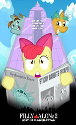 Size: 655x1071 | Tagged: safe, artist:dan232323, imported from derpibooru, apple bloom, snails, snips, earth pony, pony, unicorn, 101 dalmatians 2 patch's london adventure, blackletter, colt, empire state building, female, filly, home alone, home alone 2: lost in new york, horace badun, jasper badun, male, manehattan, movie poster, newspaper, poster, statue of friendship