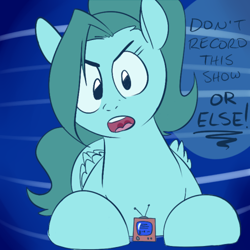 Size: 500x500 | Tagged: safe, artist:goat train, imported from derpibooru, oc, oc only, oc:cumulonimbus, dialogue, don't copy that floppy, macro, pun, solo, stern, television, warning