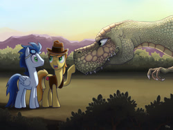 Size: 2500x1875 | Tagged: safe, artist:sslug, imported from derpibooru, braeburn, soarin', dinosaur, pony, tyrannosaurus rex