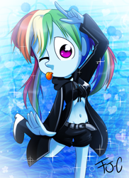 Size: 800x1100 | Tagged: safe, artist:fj-c, imported from derpibooru, rainbow dash, equestria girls, adorkable, anime, belly button, black rock shooter, clothes, cosplay, costume, cute, dork, female, loser, midriff, solo, tongue out