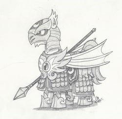 Size: 1792x1734 | Tagged: safe, artist:sensko, imported from derpibooru, bat pony, pony, armor, black and white, grayscale, monochrome, night guard, pencil drawing, solo, spear, traditional art, weapon