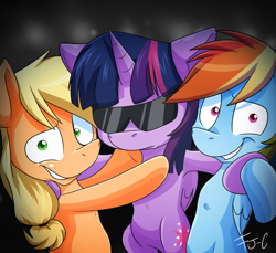 Size: 1200x1100 | Tagged: safe, artist:fj-c, imported from derpibooru, applejack, rainbow dash, twilight sparkle, alicorn, pony, dead, female, mare, parody, sunglasses, twilight sparkle (alicorn), weekend at bernie's