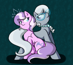 Size: 634x564 | Tagged: safe, artist:alazak, imported from derpibooru, diamond tiara, silver spoon, abstract background, duo, full body, looking at each other, looking at someone, raised hoof, side by side, side view, sitting, standing