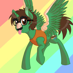 Size: 1600x1600 | Tagged: safe, artist:gigason, imported from derpibooru, oc, oc only, oc:frost d. tart, alicorn, pony, alicorn oc, groucho mask, looking at you, rainbow background, silly, solo, tongue out