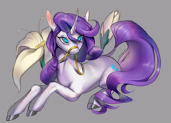 Size: 2500x1800 | Tagged: safe, artist:santagiera, imported from derpibooru, rarity, classical unicorn, bridle, female, flower, leonine tail, prone, solo