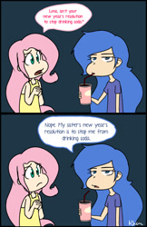 Size: 792x1224 | Tagged: safe, artist:kprovido, imported from derpibooru, fluttershy, princess luna, human, breasts, clothes, comic, delicious flat chest, dress, flattershy, food, humanized, new year's resolution, s1 luna, soda