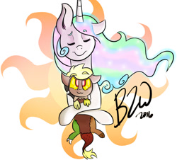 Size: 900x815 | Tagged: safe, artist:bow2yourwaifu, imported from derpibooru, discord, princess celestia, duo