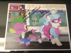 Size: 436x327 | Tagged: safe, artist:pixelkitties, imported from derpibooru, coco pommel, spike, dragon, earth pony, pony, rabbit, 1950s, autograph, buttercream sundae, buttercream sunday, cathy weseluck, irl, littlest pet shop, photo, pixelkitties' brilliant autograph media artwork, voice actor joke