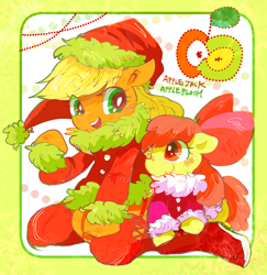 Size: 1656x1704 | Tagged: dead source, safe, artist:osawari64, imported from derpibooru, apple bloom, applejack, earth pony, pony, apple sisters, christmas, clothes, costume, duo, duo female, eye clipping through hair, eyebrows, eyebrows visible through hair, female, hat, holiday, jacket, looking at each other, one eye closed, open mouth, open smile, santa costume, santa hat, siblings, sisters, smiling, smiling at each other, winter outfit