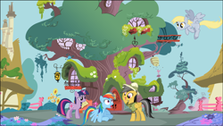 Size: 1458x822 | Tagged: safe, artist:astralphoenix-250, artist:brony250, imported from derpibooru, daring do, derpy hooves, rainbow dash, twilight sparkle, pegasus, pony, female, golden oaks library, mare