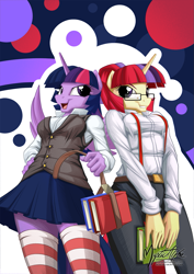 Size: 955x1351 | Tagged: safe, artist:mysticalpha, imported from derpibooru, moondancer, twilight sparkle, alicorn, anthro, unicorn, book, clothes, dress shirt, female, glasses, open mouth, school uniform, schoolgirl, skirt, socks, striped socks, suspenders, thigh highs, twilight sparkle (alicorn), vest, zettai ryouiki