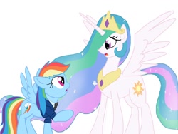 Size: 1024x768 | Tagged: safe, artist:biosonic100, imported from derpibooru, princess celestia, rainbow dash, alicorn, pegasus, pony, clothes, duo, female, mare, necktie, simple background, uniform, white background, wonderbolts dress uniform