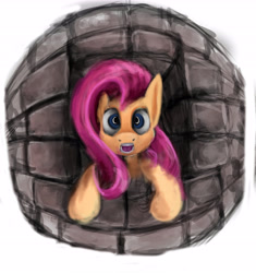 Size: 6000x6378 | Tagged: safe, artist:bluespiritofgood, imported from derpibooru, fluttershy, pony, absurd resolution, bust, female, front view, full face view, gasp, looking at you, mare, solo, stone wall, window