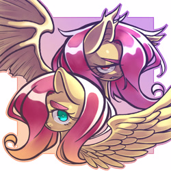 Size: 3000x3000 | Tagged: safe, artist:kaikoinu, imported from derpibooru, fluttershy, bat pony, pony, abstract background, bust, duality, flutterbat, hair over one eye, portrait, spread wings, wings