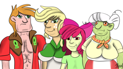 Size: 1280x720 | Tagged: safe, artist:jbond, deleted from derpibooru, imported from derpibooru, apple bloom, applejack, big macintosh, granny smith, equestria girls, humanized, simple background, stylistic suck, wat, white background