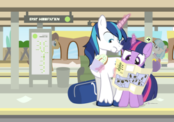 Size: 1200x840 | Tagged: safe, artist:dm29, imported from derpibooru, caramel, coco pommel, shining armor, twilight sparkle, bread, donut, duffle bag, duo, eating, food, lost, magic, map, telekinesis, train station