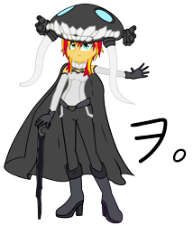 Size: 6916x8093 | Tagged: safe, derpibooru exclusive, edit, imported from derpibooru, sunset shimmer, equestria girls, absurd resolution, boots, cane, cape, clothes, female, gloves, japanese, kantai collection, shinkaiseikan, simple background, solo, transparent background, vector, wo, wo-class aircraft carrier