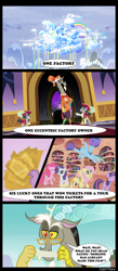 Size: 640x1472 | Tagged: safe, artist:teren rogriss, imported from derpibooru, screencap, applejack, discord, fluttershy, pinkie pie, rainbow dash, rarity, twilight sparkle, pegasus, pony, fanfic:rainbow factory, charlie and the chocolate factory, comic, mane six, pegasus device, roald dahl, willy wonka, willy wonka and the chocolate factory