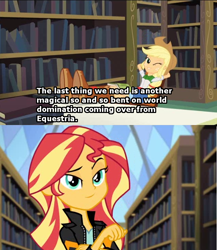 Size: 632x728 | Tagged: safe, imported from derpibooru, applejack, sunset shimmer, equestria girls, friendship games, image macro, implying, meme, quote, smirk, wink