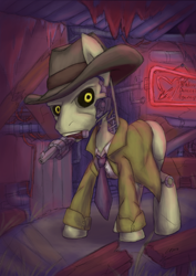 Size: 2330x3296 | Tagged: safe, artist:cazra, imported from derpibooru, oc, oc only, oc:nicker valentine, pony, robot, fallout equestria, detective, fallout, fallout 4, gun, handgun, nick valentine, ponified, revolver, synth, synth (fallout 4), weapon