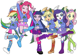 Size: 750x539 | Tagged: safe, artist:zimoguri, imported from derpibooru, applejack, fluttershy, pinkie pie, rainbow dash, rarity, twilight sparkle, equestria girls, boots, clothes, group pose, high heel boots, mane six, osomatsu-san, pose, sheeh pose, simple background, skirt, twilight sparkle (alicorn), white background, wondercolts uniform