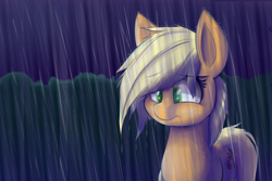 Size: 1500x1000 | Tagged: safe, artist:heir-of-rick, imported from derpibooru, applejack, daily apple pony, doctor who, female, hatless, missing accessory, rain, reference, sad, solo, unhapplejack, wet