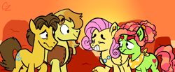 Size: 1024x422 | Tagged: safe, artist:hateful-minds, imported from derpibooru, braeburn, caramel, fluttershy, tree hugger, angry, caraburn, date, double date, dreadlocks, female, flutterhugger, gay, hatless, lesbian, male, missing accessory, shipping, unamused