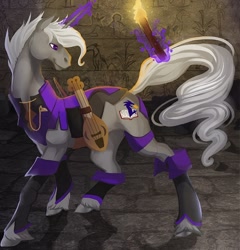 Size: 642x670 | Tagged: safe, artist:sitaart, imported from derpibooru, oc, oc only, oc:mythos gray, pony, unicorn, ponyfinder, bard, commission, cover art, crossover, dungeons and dragons, fantasy class, hieroglyphics, horn, kickstarter, magic, male, musical instrument, pathfinder, pen and paper rpg, pocket watch, roleplaying, rpg, ruins, solo, stallion, telekinesis, torch, violin, watch