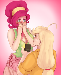 Size: 1128x1387 | Tagged: safe, artist:sundown, derpibooru exclusive, imported from derpibooru, applejack, cherry jubilee, human, blushing, breasts, busty cherry jubilee, cherryjack, commission, crying, female, freckles, humanized, lesbian, marriage proposal, redhead, shipping, tears of joy