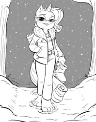 Size: 960x1212 | Tagged: safe, artist:kuroi-wolf, imported from derpibooru, rarity, anthro, plantigrade anthro, barefoot, blushing, clothes, denim, feet, female, footprint, jeans, long pants, monochrome, pants, smiling, smug, snow, snowfall, solo, toes, winter, winter outfit