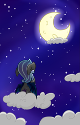 Size: 643x1000 | Tagged: safe, artist:cloureed, imported from derpibooru, oc, oc only, oc:star struck, bat pony, pony, cloud, floppy ears, moon, night, solo