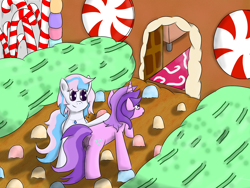 Size: 2400x1800 | Tagged: safe, imported from derpibooru, amethyst star, sparkler, oc, oc:starburn, oc:tinisparkler, pony, unicorn, candy, cute, digital, food, gingerbread house, micro