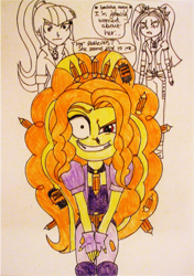 Size: 991x1405 | Tagged: safe, artist:blazingdazzlingdusk, derpibooru exclusive, imported from derpibooru, adagio dazzle, aria blaze, sonata dusk, equestria girls, rainbow rocks, crazy face, drawing, faic, grin, meme, pencil, scared, starenata, that orange pencil, the dazzlings, traditional art, wide eyes